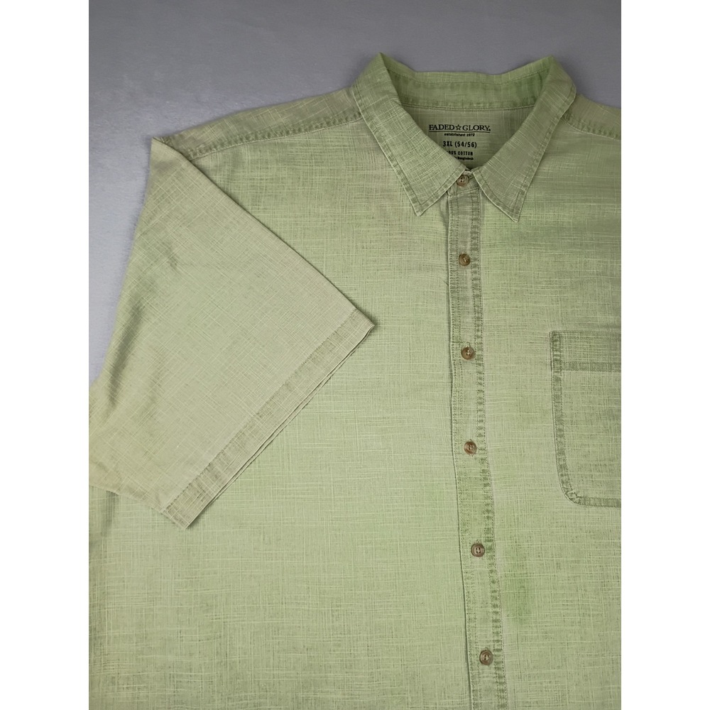 Faded Glory Mens 3XL Short Sleeve Button Down Shirt Lime Green Slub Cotton 54/56